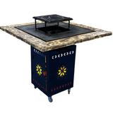 Fire Pit, Gratar cu plita 75x75 cm din otel 10 mm pe lemne, pentru gradina sau terasa  + blat de lemn, cu sticla colorata  CU BLAT DE LEMN SI MOTIVE TRADITIONALE