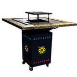 Fire Pit, Gratar cu plita 75x75 cm din otel 10 mm pe lemne, pentru gradina sau terasa  + blat de lemn, cu sticla colorata  CU BLAT DE LEMN SI MOTIVE TRADITIONALE