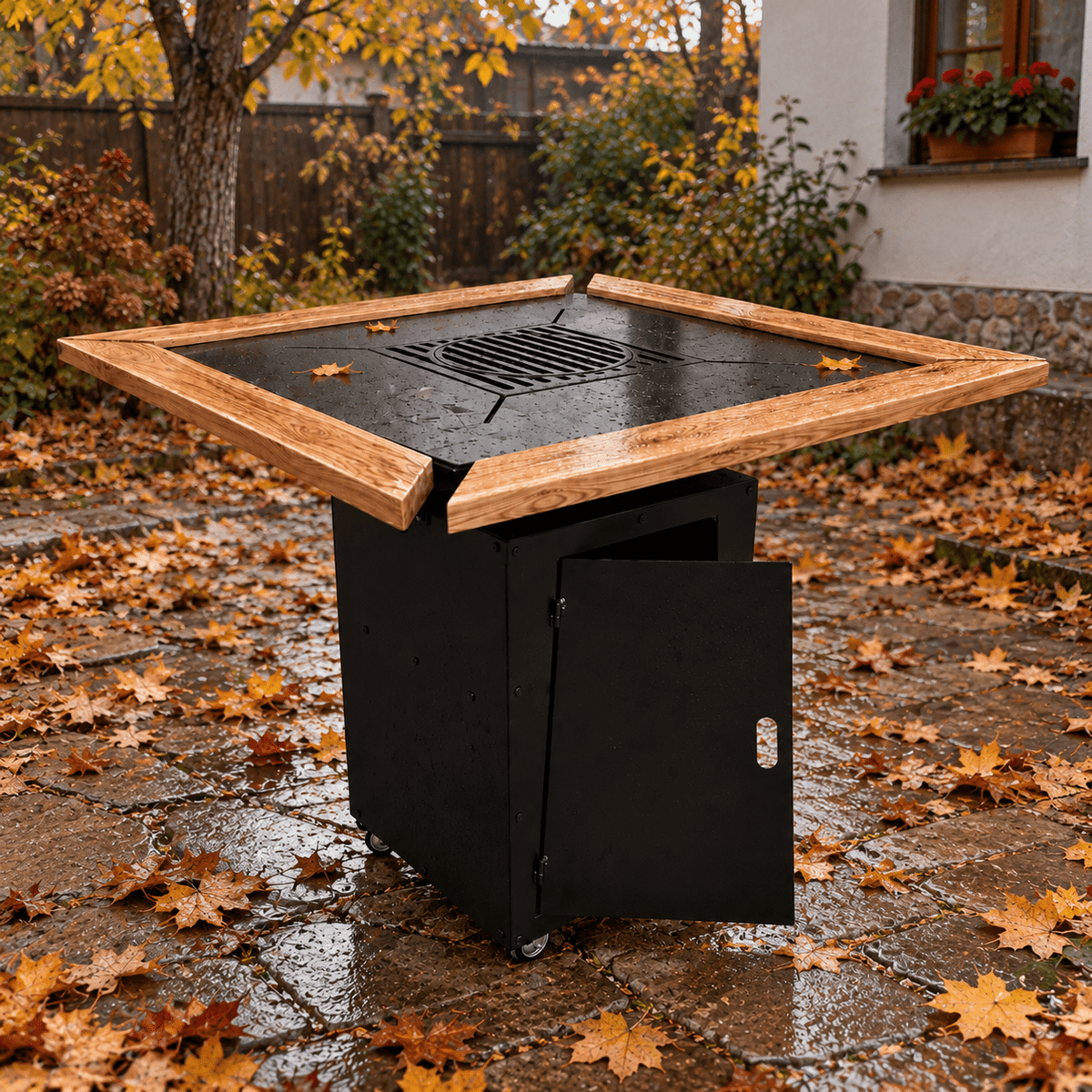 Fire Pit | Gratar Lemne | Plita 10/8 mm | 95x95 cm | Blat lemn - BUZ.RO