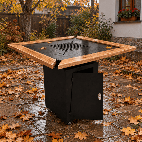 Fire Pit | Gratar Lemne | Plita 10/8 mm | 95x95 cm | Blat lemn - BUZ.RO