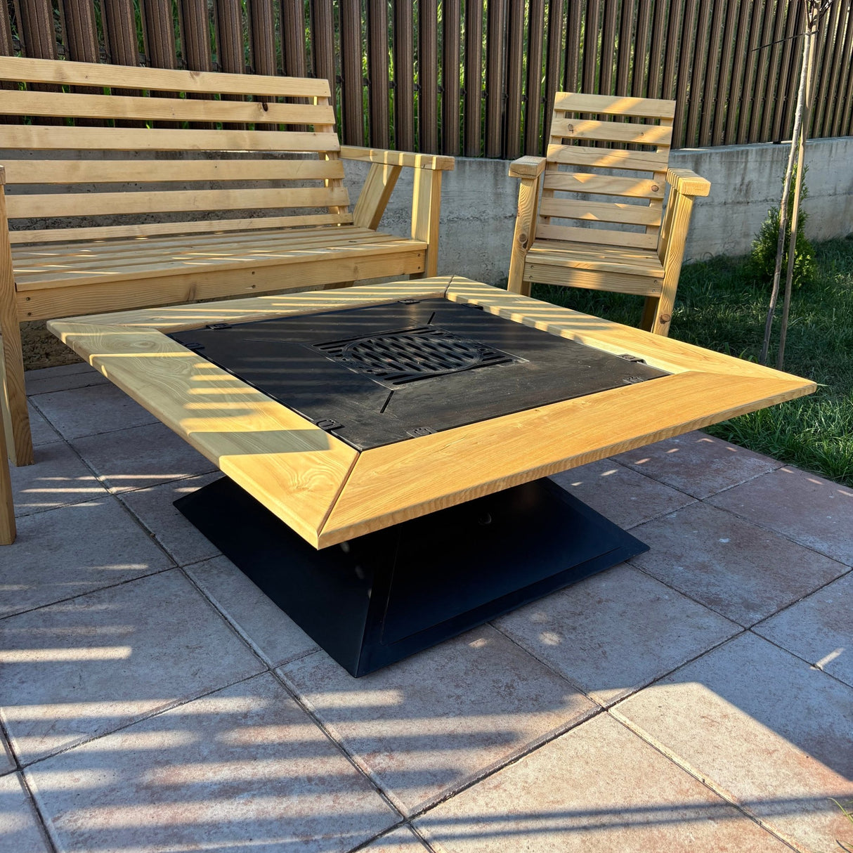 FirePit 5in1 107x107cm Gratar gradina plita 75x 75 cm din otel 8/10 mm|terasa |suport ceaun| cenusar| reglare tiraj| loc depozitare| blat lemn - BUZ.RO