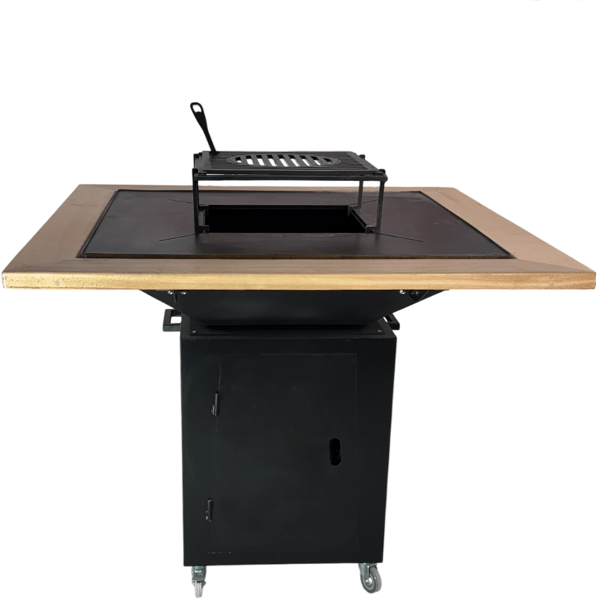 FirePit, Gratar cu plita 75x 75 cm din otel, 10 mm, pentru gradina sau terasa  + blat de lemn - BUZ.RO