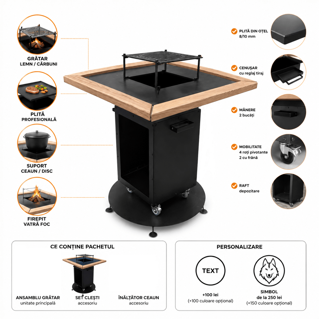 FirePit, Gratar plita 75x 75 cm din otel 8/10 mm |gradina |terasa |suport ceaun| cenusar| reglare tiraj| loc depozitare - BUZ.RO