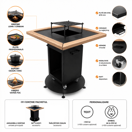 FirePit, Gratar plita 75x 75 cm din otel 8/10 mm |gradina |terasa |suport ceaun| cenusar| reglare tiraj| loc depozitare - BUZ.RO