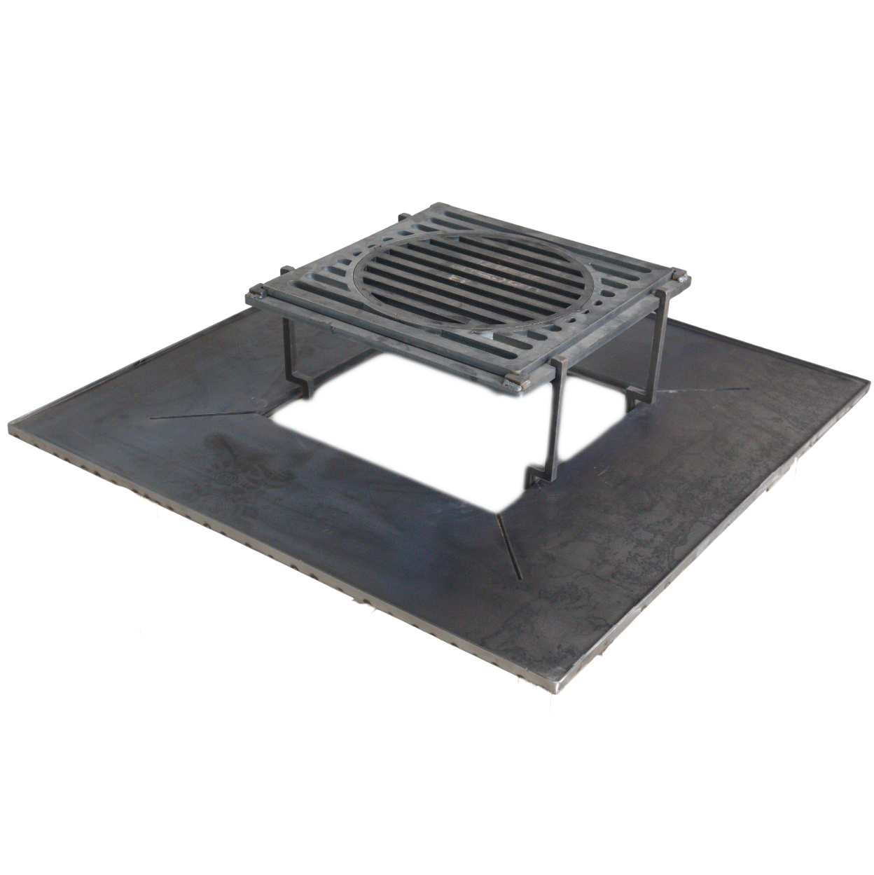 Firepit, plita gratar cu focar, plita incorporabila cu suport ceaun/disc, 75x75 cm+ grill