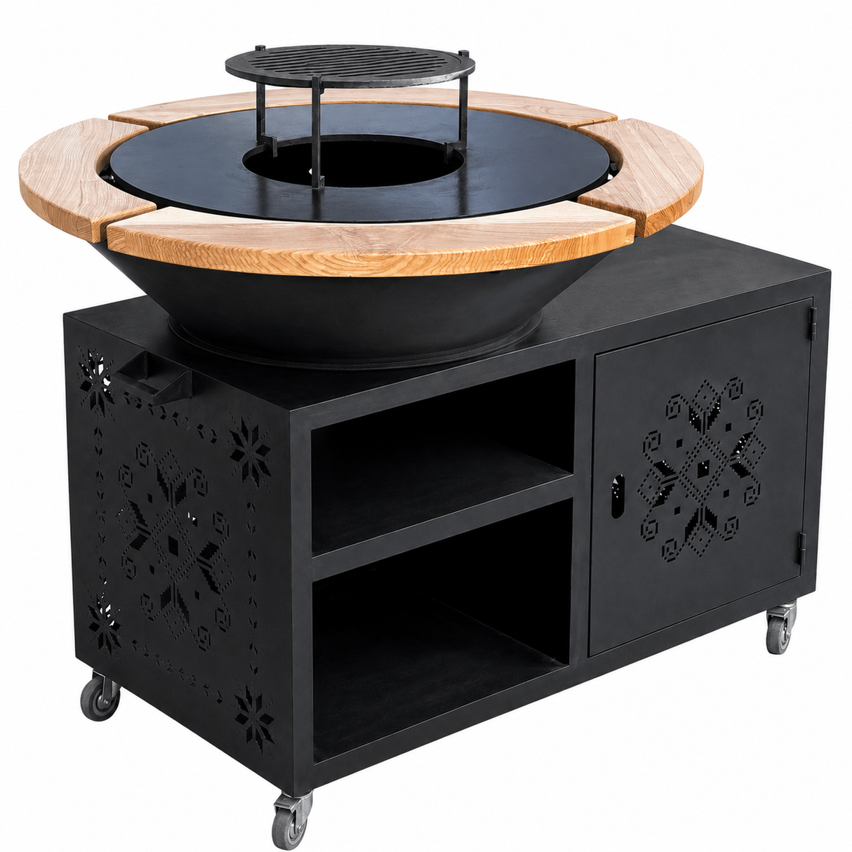 Gratar gradina cu plita 8/ 10 mm diametru 95 cm Fire Pit+ masa lucru+ spatiu depozitare |blat lemn