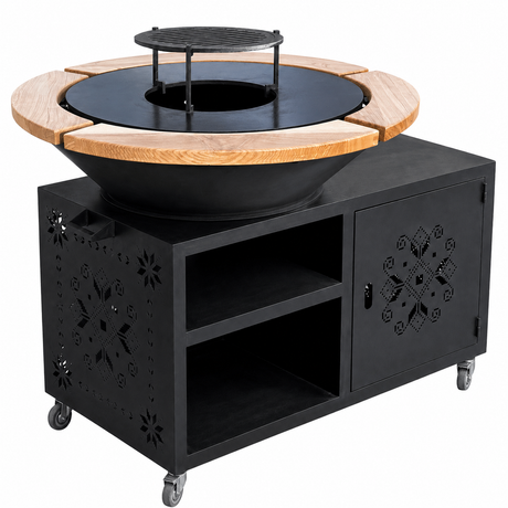 Gratar gradina cu plita 8/ 10 mm diametru 95 cm Fire Pit+ masa lucru+ spatiu depozitare |blat lemn