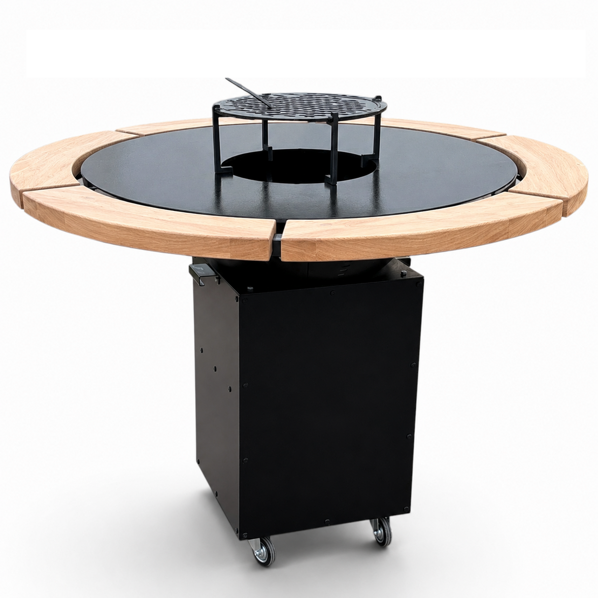 Gratar Rotund Gradina 127cm|diametru  Plita 95 cm| grosime 8/10 mm cu reglare tiraj si tavita cenusa blat de lemn