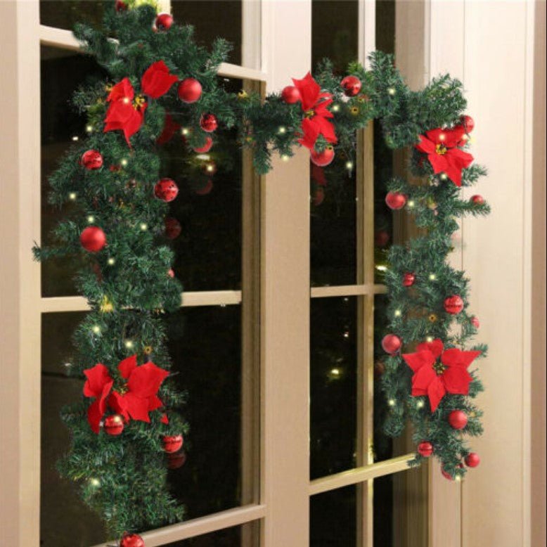 Ghirlandă Crăciun luminoasă cu LED, globuri rosii si craciunite – 2.7 m, decor elegant pentru interior si exterior, din brad artificial, culoare rosie - BUZ.RO