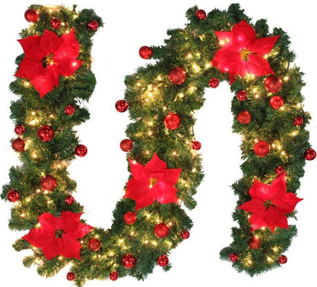Ghirlandă Crăciun luminoasă cu LED, globuri rosii si craciunite – 2.7 m, decor elegant pentru interior si exterior, din brad artificial, culoare rosie - BUZ.RO