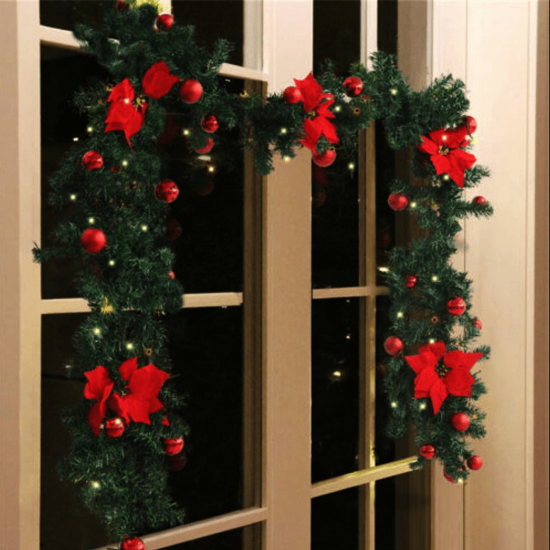 Ghirlandă Crăciun luminoasă cu LED, globuri rosii si craciunite – 2.7 m, decor elegant pentru interior si exterior, din brad artificial, culoare rosie - BUZ.RO