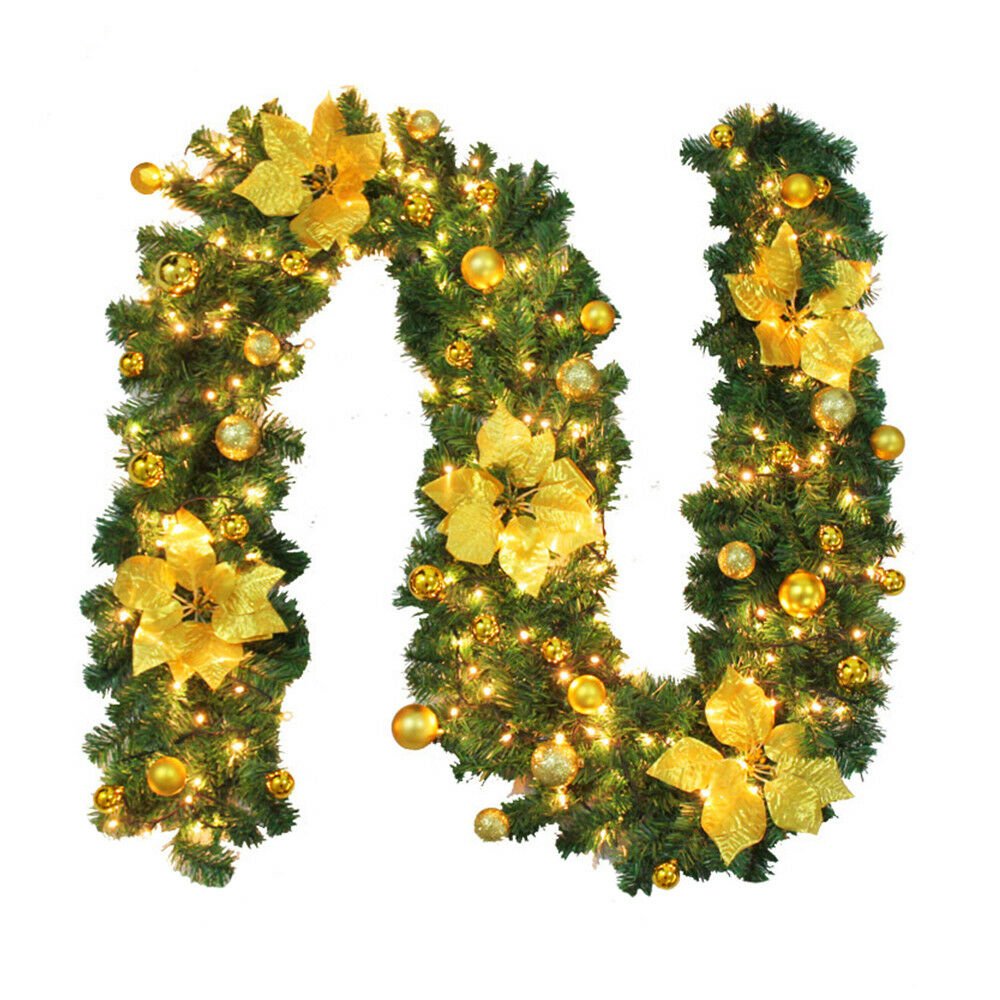 Ghirlanda din crengute de brad arfiticial, cu instalatie led, impodobita cu globuri, 2.7m, aurie - BUZ.RO