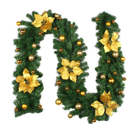 Ghirlanda din crengute de brad arfiticial, cu instalatie led, impodobita cu globuri, 2.7m, aurie