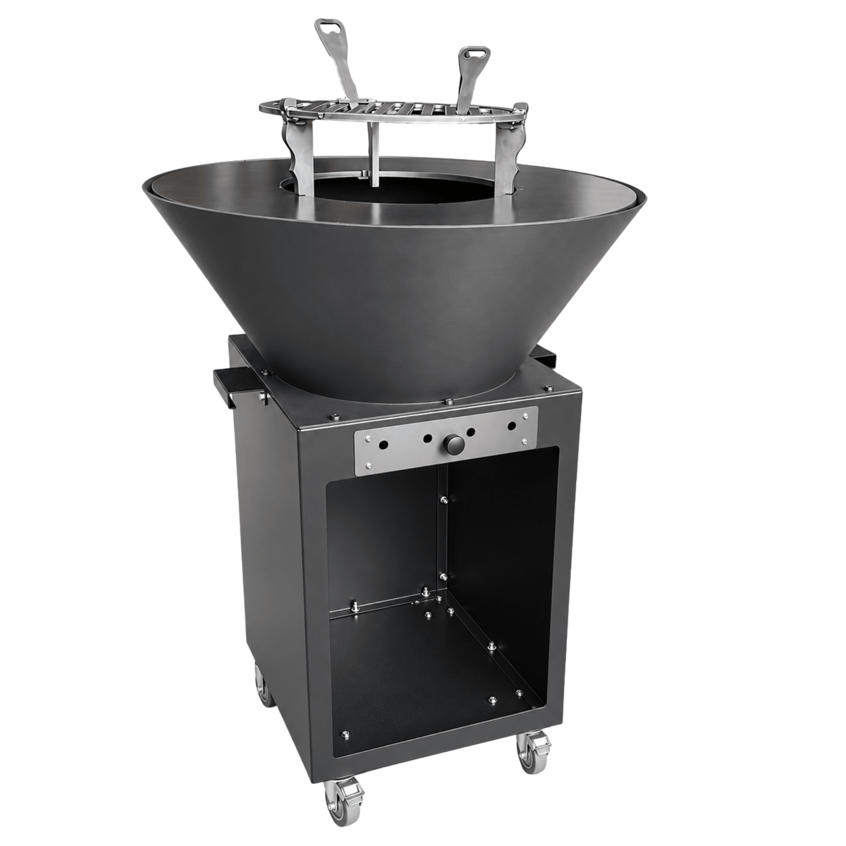 Gratar cu Plita Rotunda 62 cm, Fire Pit, Grill si Suport Ceaun, pe Roti - BUZ.RO