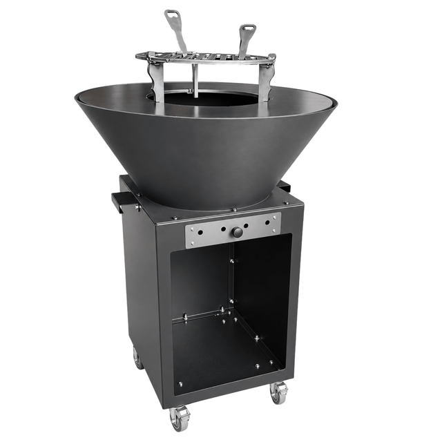 Gratar cu Plita Rotunda 62 cm, Fire Pit, Grill si Suport Ceaun, pe Roti - BUZ.RO