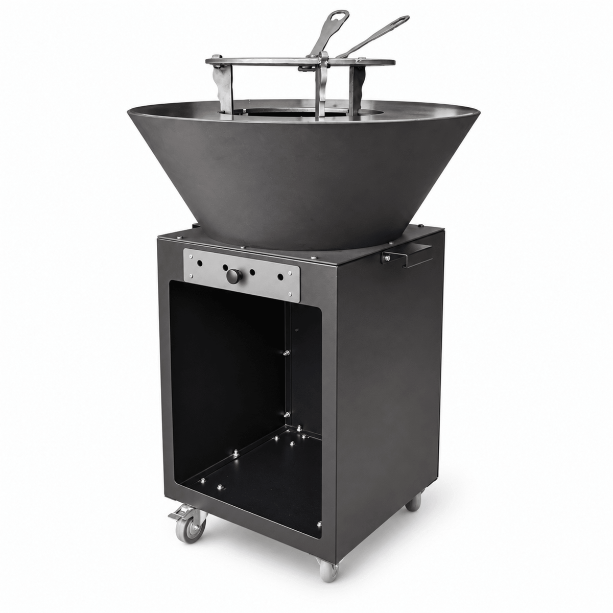 Gratar cu Plita Rotunda 62 cm, Fire Pit, Grill si Suport Ceaun, pe Roti - BUZ.RO