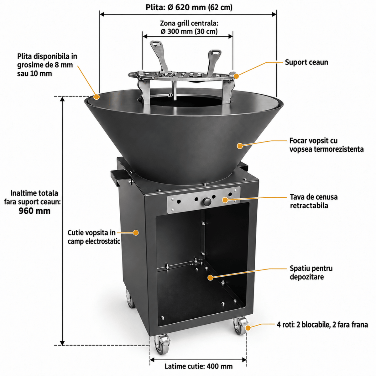 Gratar cu Plita Rotunda 62 cm, Fire Pit, Grill si Suport Ceaun, pe Roti - BUZ.RO