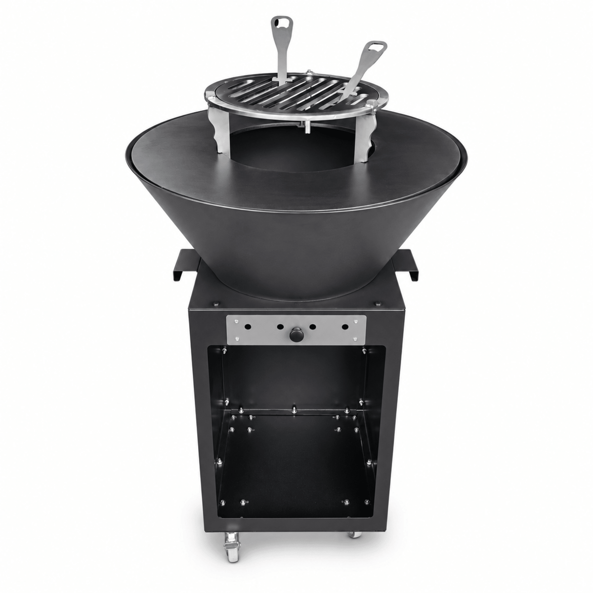 Gratar cu Plita Rotunda 62 cm, Fire Pit, Grill si Suport Ceaun, pe Roti - BUZ.RO