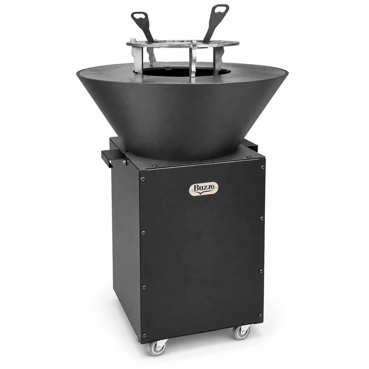 Gratar cu Plita Rotunda 62 cm, Fire Pit, Grill si Suport Ceaun, pe Roti - BUZ.RO