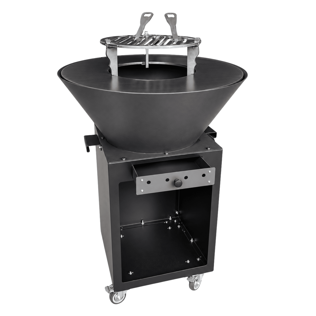 Gratar cu Plita Rotunda 62 cm, Fire Pit, Grill si Suport Ceaun, pe Roti - BUZ.RO