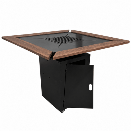Gratar de gradina 4 in 1 | 107x107cm | fire pit|Plita 10|8 mm|Blat din Lemn|Suport Ceaun/Disc blat lemn| reglare tiraj tavita cenusa - BUZ.RO