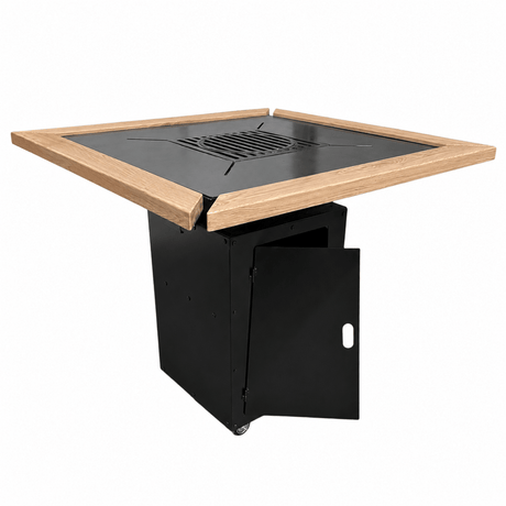 Gratar de gradina 4 in 1 | 107x107cm | fire pit|Plita 10|8 mm|Blat din Lemn|Suport Ceaun/Disc blat lemn| reglare tiraj tavita cenusa - BUZ.RO