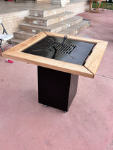 Gratar de gradina, 5 in 1 ,fire pit cu Plita 10 mm Otel ,Cu Blat din Lemn,Suport Ceaun/Disc ,Gratar de curte - BUZ.RO