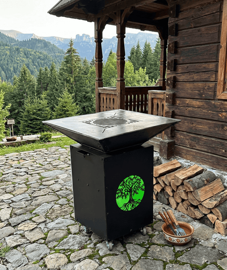 Gratar de gradina, 5 in 1 ,fire pit cu Plita 10 mm Otel , Suport Ceaun/Disc , Gratar de curte , Personalizabil , Copacul Vietii - BUZ.RO