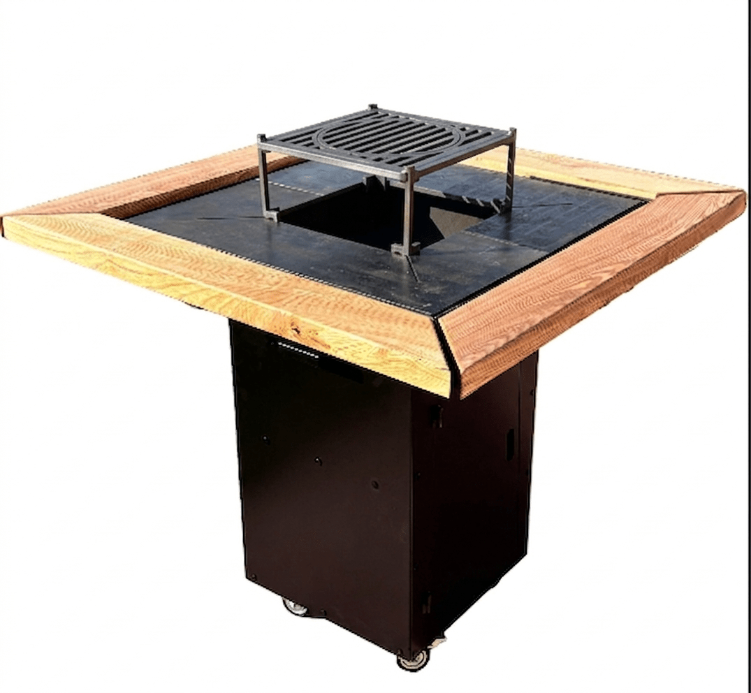 Gratar de gradina 5 in 1 | fire pit|Plita 10|8|6 mm|Blat din Lemn|Suport Ceaun/Disc - BUZ.RO