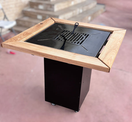 Gratar de gradina 5 in 1 | fire pit|Plita 10|8|6 mm|Blat din Lemn|Suport Ceaun/Disc blat Frasin - BUZ.RO