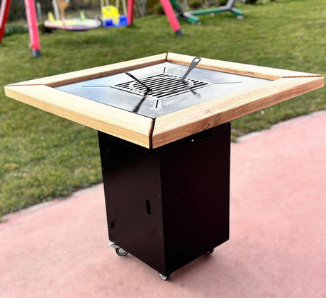 Gratar de gradina 5 in 1 | fire pit|Plita 10|8|6 mm|Blat din Lemn|Suport Ceaun/Disc blat Frasin - BUZ.RO