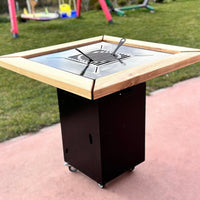 Gratar de gradina 4 in 1 |  107x107cm | fire pit|Plita 10|8 mm|Blat din Lemn|Suport Ceaun/Disc blat lemn| reglare tiraj tavita cenusa