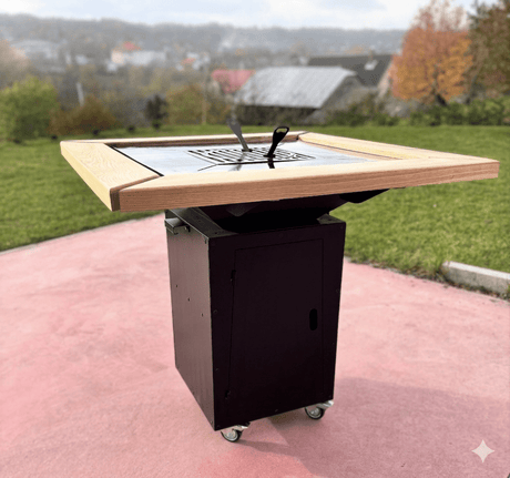 Gratar de gradina 5 in 1 | fire pit|Plita 10|8|6 mm|Blat din Lemn|Suport Ceaun/Disc blat Frasin - BUZ.RO