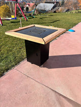 Gratar de gradina Demontabil, 5 in 1 ,fire pit cu Plita 10 mm Otel 72x 72 cm ,Cu Blat din Lemn,Suport Ceaun/Disc ,Gratar de curte - BUZ.RO