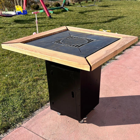 Gratar de gradina Demontabil, 5 in 1 ,fire pit cu Plita 10 mm Otel 72x 72 cm ,Cu Blat din Lemn,Suport Ceaun/Disc ,Gratar de curte - BUZ.RO