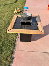 Gratar de gradina Demontabil, 5 in 1 ,fire pit cu Plita 10 mm Otel 72x 72 cm ,Cu Blat din Lemn,Suport Ceaun/Disc ,Gratar de curte - BUZ.RO