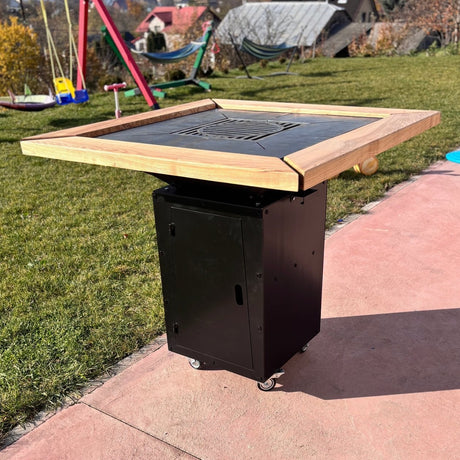 Gratar de gradina Demontabil, 5 in 1 ,fire pit cu Plita 10 mm Otel 72x 72 cm ,Cu Blat din Lemn,Suport Ceaun/Disc ,Gratar de curte - BUZ.RO