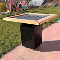 Gratar de gradina Demontabil, 5 in 1 ,fire pit cu Plita 10 mm Otel  72x 72 cm ,Cu Blat din Lemn,Suport Ceaun/Disc ,Gratar de curte