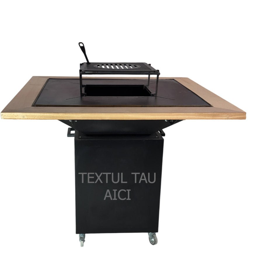 Gratar de gradina Fire Pit Personalizabil 75x75 cm din otel 10 mm pe lemne, pentru gradina sau terasa  + blat de lemn - BUZ.RO