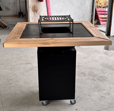 Gratar de gradina FirePit 107x107cm| Gratar cu plita 75x 75 cm din otel| 8/10 mm| pentru gradina sau terasa | blat de lemn - BUZ.RO