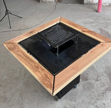 Gratar de gradina FirePit 107x107cm| Gratar cu plita 75x 75 cm din otel| 8/10 mm| pentru gradina sau terasa | blat de lemn - BUZ.RO