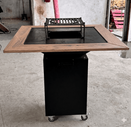 Gratar de gradina FirePit 107x107cm| plita 75x 75 cm din otel| 8/10 mm| blat de lemn tiraj reglabil si sertar cenusa - BUZ.RO