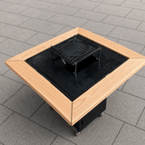 Gratar de gradina FirePit 107x107cm| plita 75x 75 cm din otel| 8/10 mm| blat de lemn tiraj reglabil si sertar cenusa - BUZ.RO