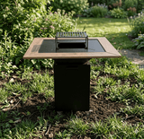 Gratar de gradina FirePit 107x107cm| plita 75x 75 cm din otel| 8/10 mm| blat de lemn tiraj reglabil si sertar cenusa - BUZ.RO