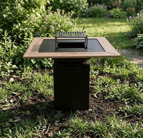 Gratar de gradina FirePit 107x107cm| plita 75x 75 cm din otel| 8/10 mm| blat de lemn tiraj reglabil si sertar cenusa - BUZ.RO