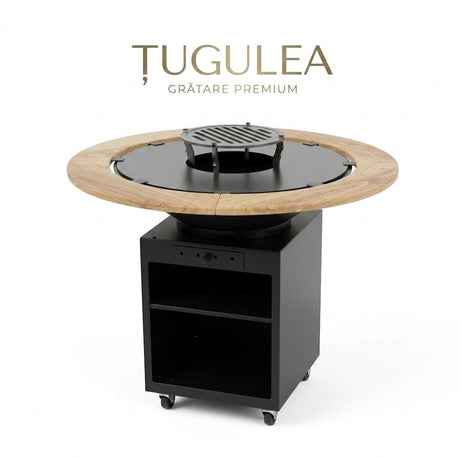 Gratar de Gradina Rotund TUGULEA | Plita 75 cm | Grosime 8/10 mm | Reglaj Tiraj si Tavita Cenusa | Blat Lemn - BUZ.RO