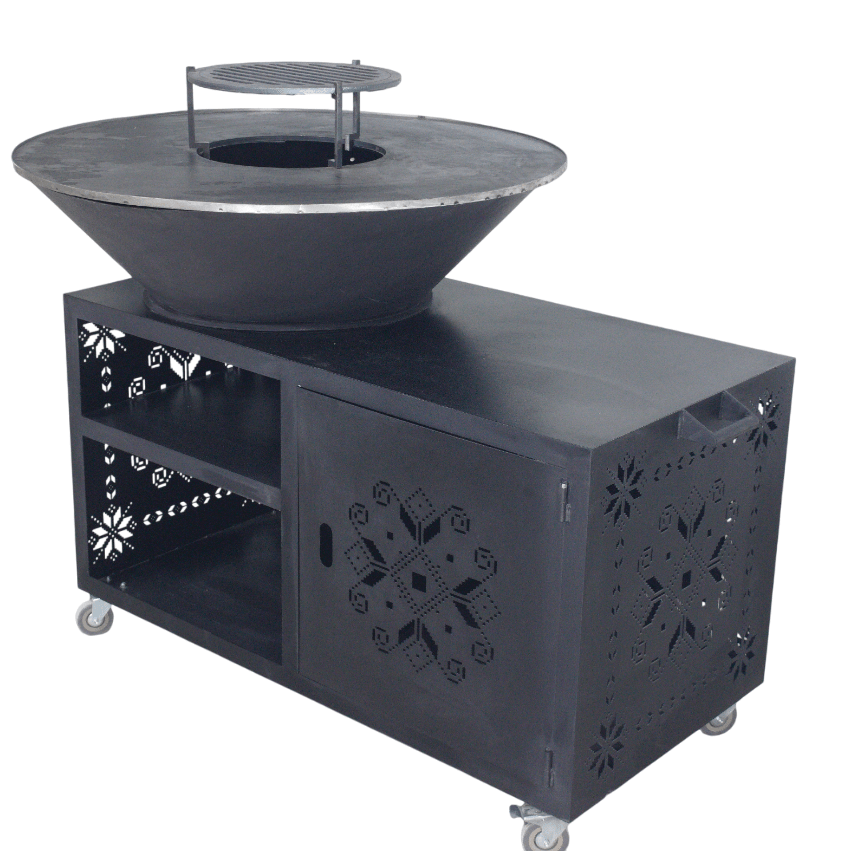 Gratar gradina cu plita 10 mm diametru 100 cm Fire Pit+ masa lucru+ spatiu depozitare - BUZ.RO