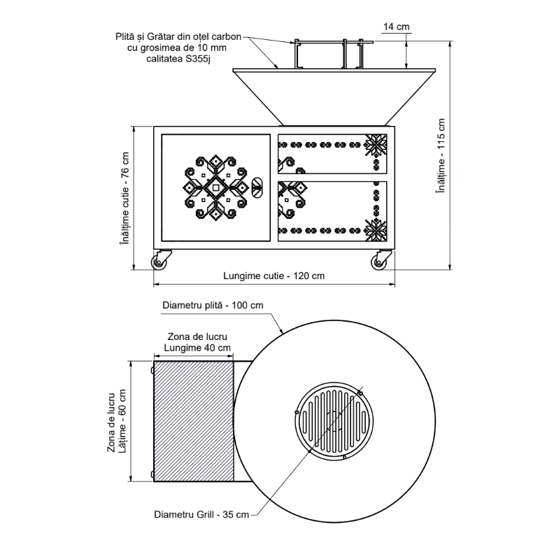Gratar gradina cu plita 10 mm diametru 100 cm Fire Pit+ masa lucru+ spatiu depozitare - BUZ.RO