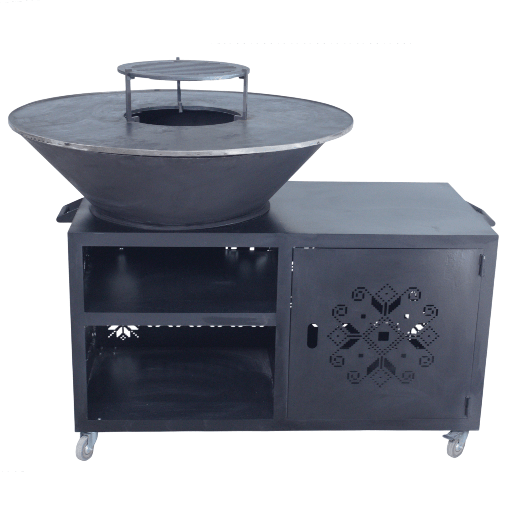 Gratar gradina cu plita 10 mm diametru 100 cm Fire Pit+ masa lucru+ spatiu depozitare - BUZ.RO