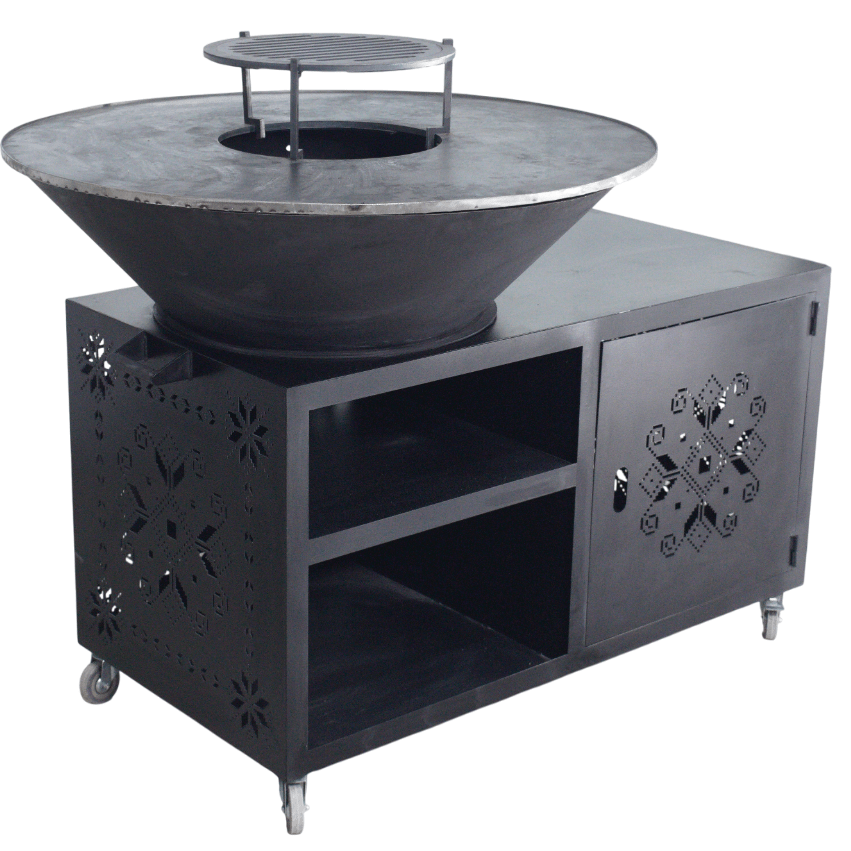 Gratar gradina cu plita 10 mm diametru 100 cm Fire Pit+ masa lucru+ spatiu depozitare - BUZ.RO